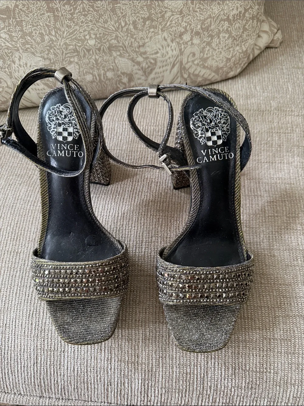 Vince Camuto Black Glitter Ankle-Strap Platform Block Heel Sandals